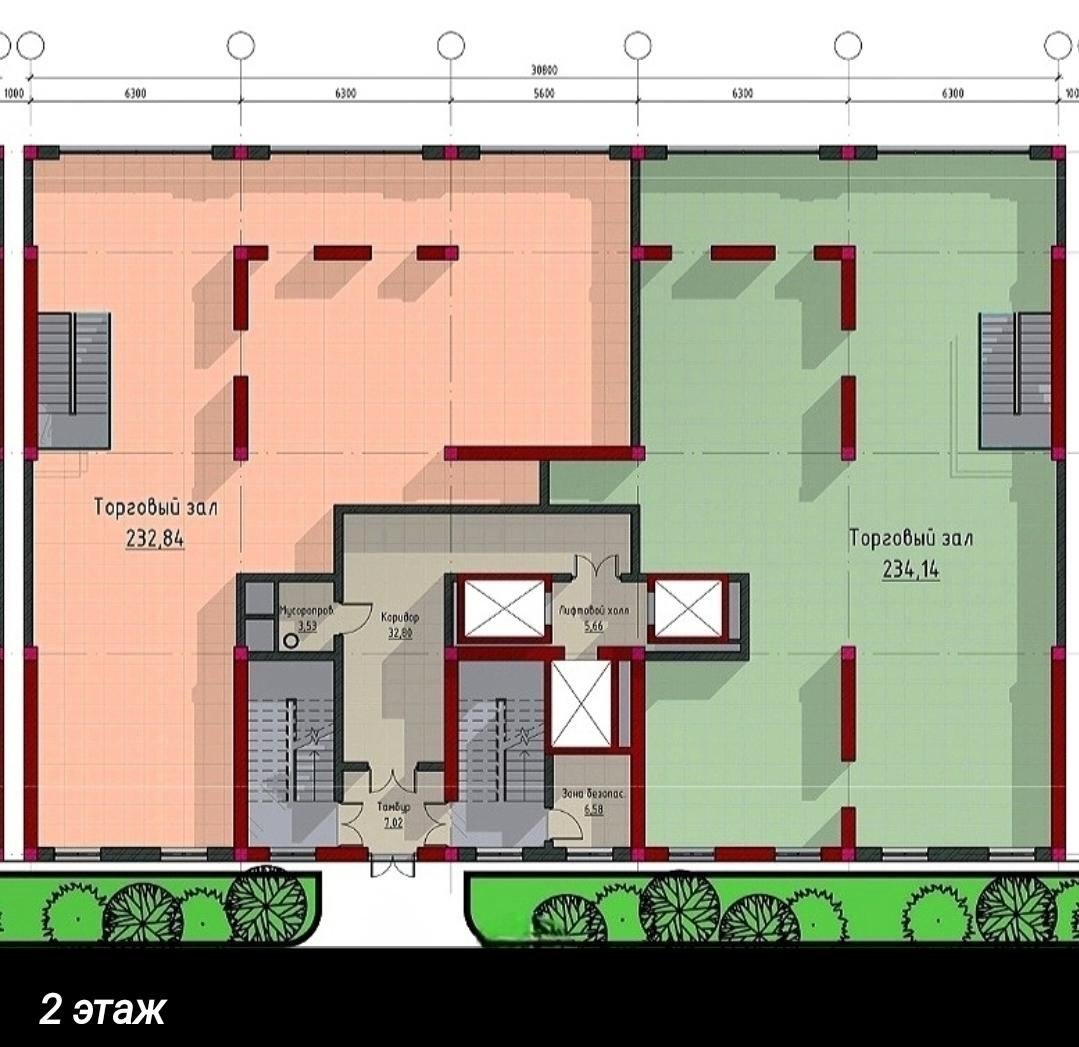 2 этаж · торговые залы 232,84 и 234,14 м²