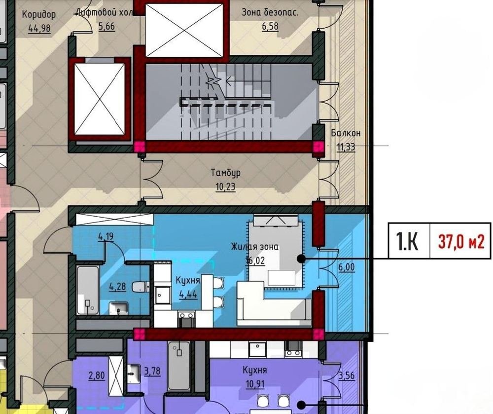 1-комнатная 37 м²