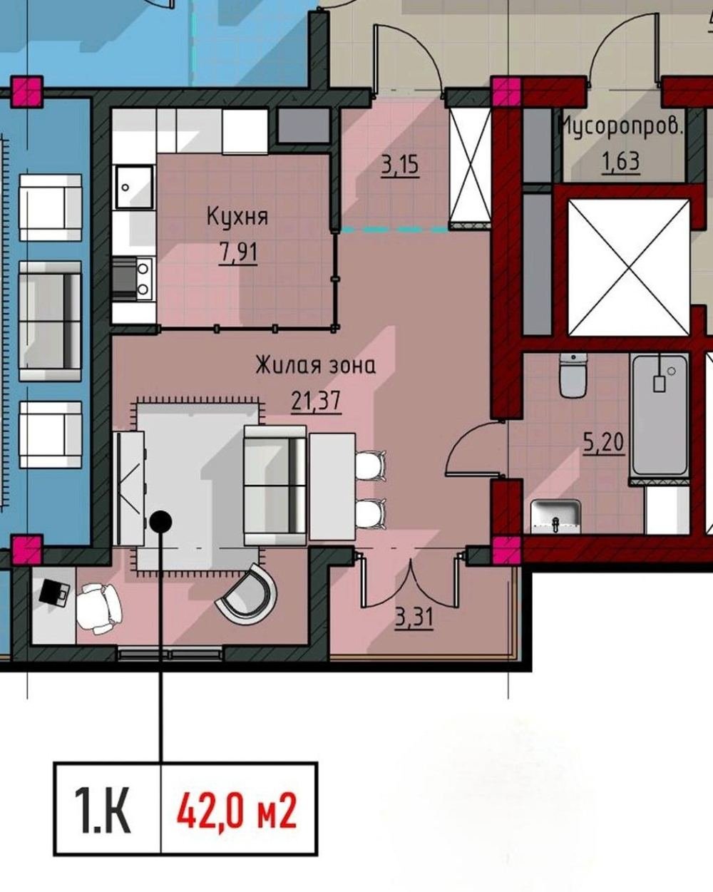 1-комнатная 42 м²