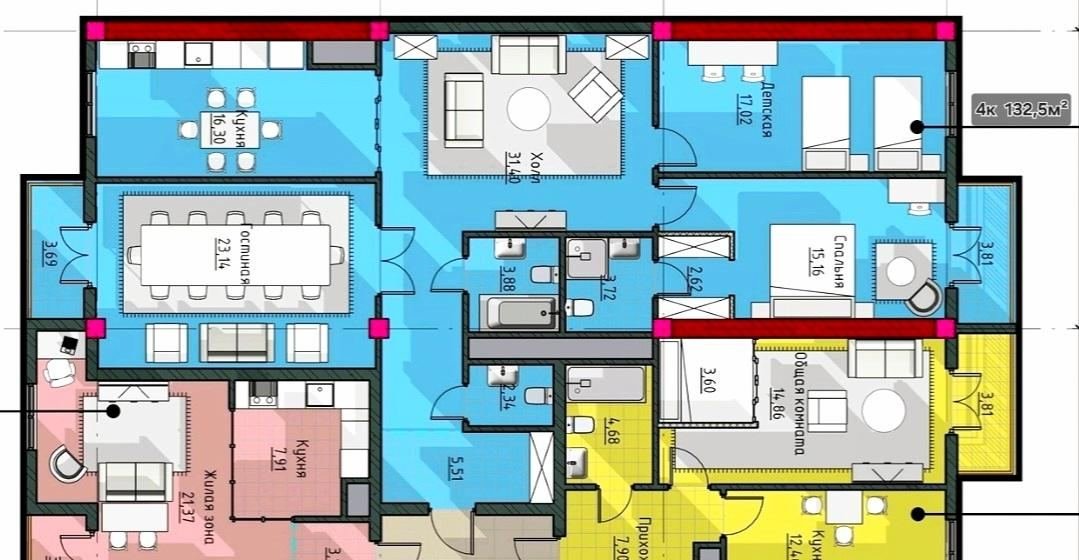 4-комнатная 132 м²
